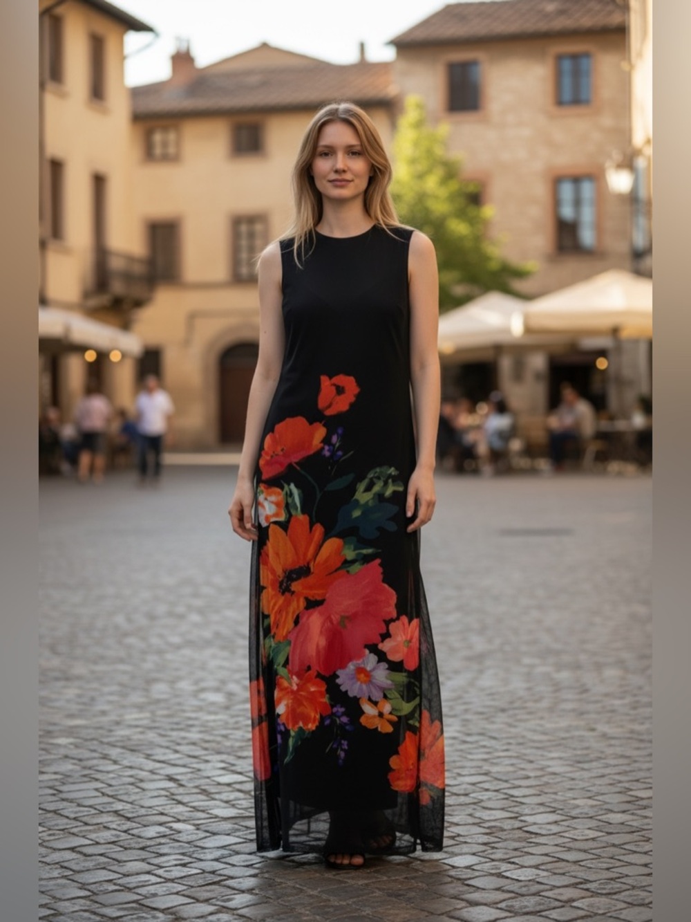 Nicole Miller Black Maxi Dress with Vibrant Red & Pink Floral Print